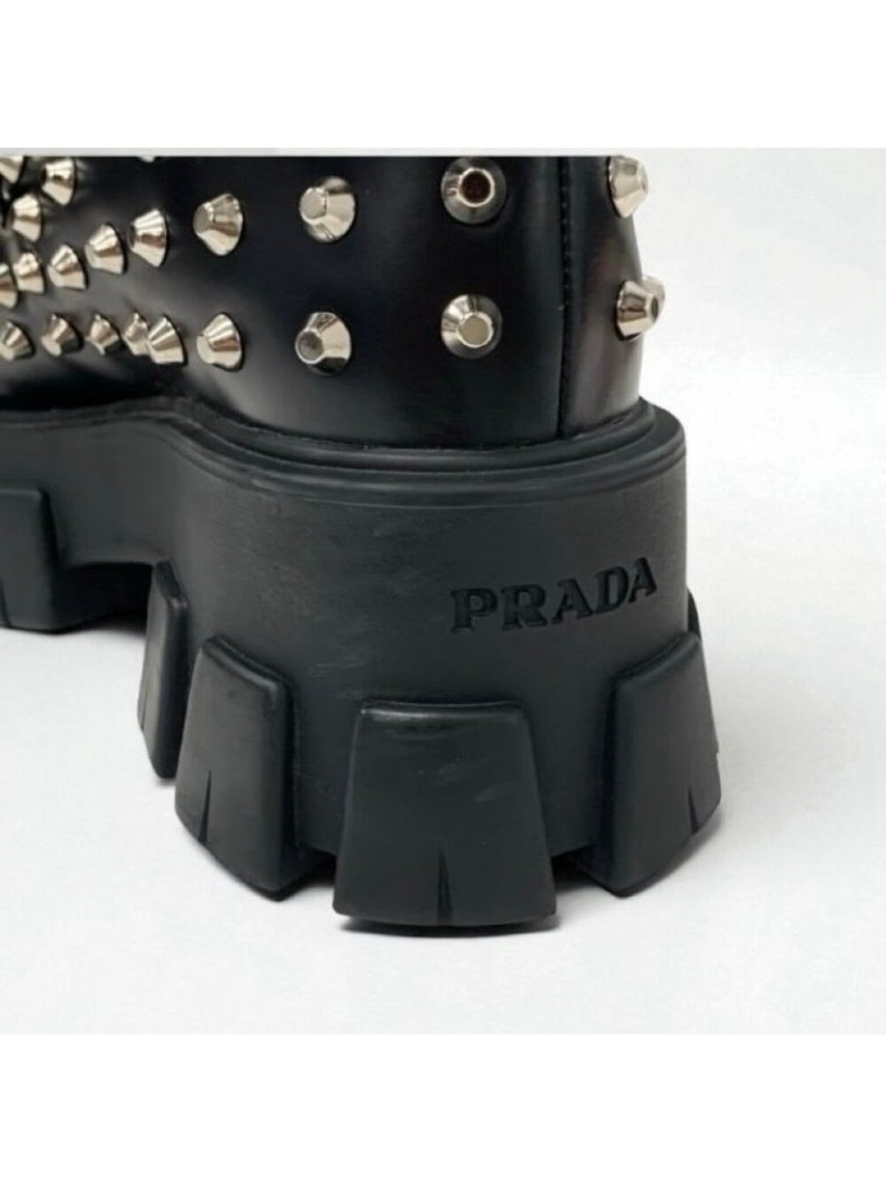 Prada Monolith Loafers Leather Shoes Black Silver Studded Lace Up - Picture 10 of 11